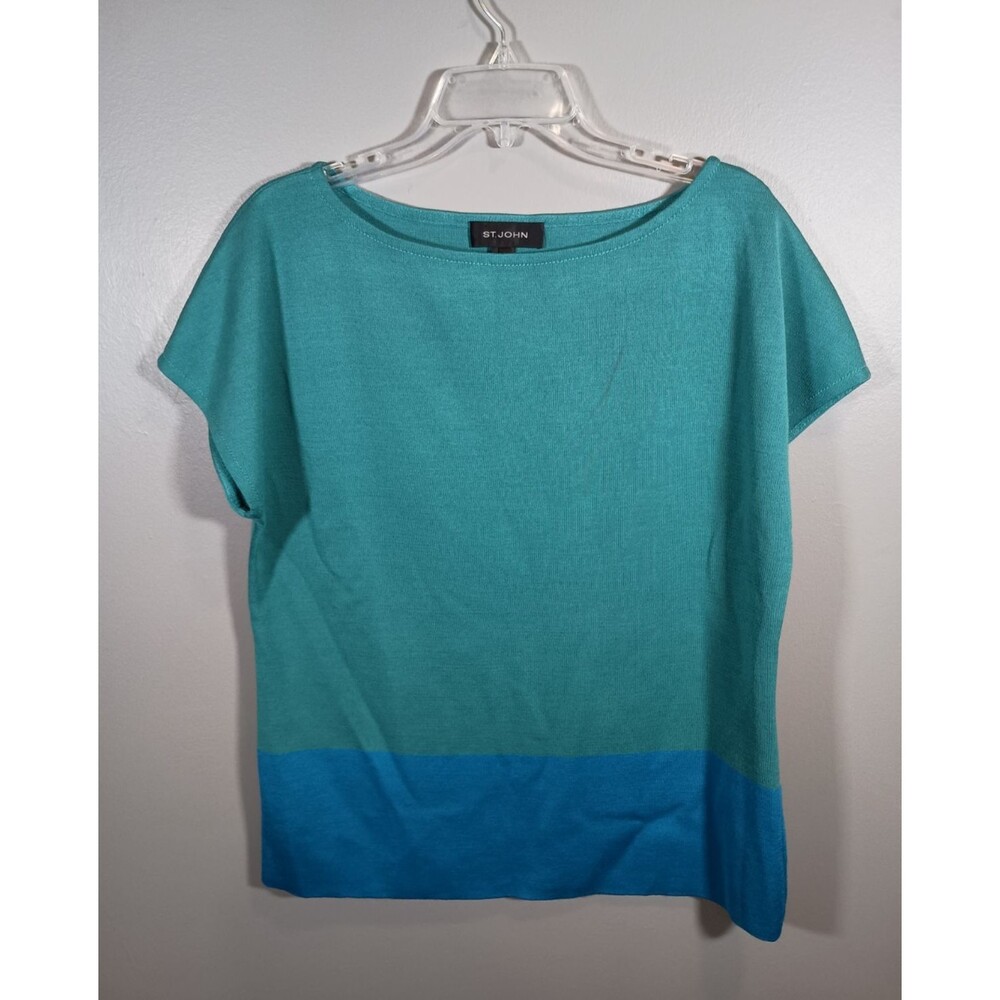 St John Wool Blend Color Block Green Blue Boat Neck Short Sleeve Top Size Large